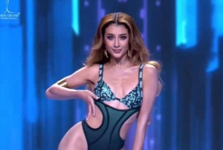 Samantha Quenedit hace una pasarela en traje de baño durante la ronda preliminar de Miss Grand International, con la canción «Golden» de K-pop Demon Hunters.
